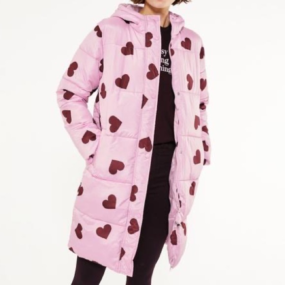Wednesday’s Girl Pink Heart Mid-Length Puffer Jacket Size S - Picture 1 of 8